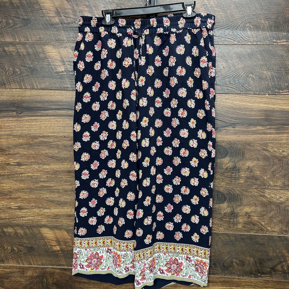 Loft Ankle Pants Women XL Navy Blue Floral Drawstring WideLeg Flow Boho Pockets